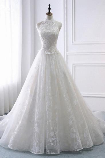 Bradyonlinewholesale Elegant A-Line Halter Tulle White Wedding Dress Sleeveless Appliques Bridal Gowns On Sale_1