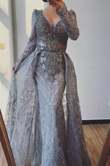 Glitter Long Sleeves Pearls Mermaid Evening Prom Gown wit Detachable Train_3