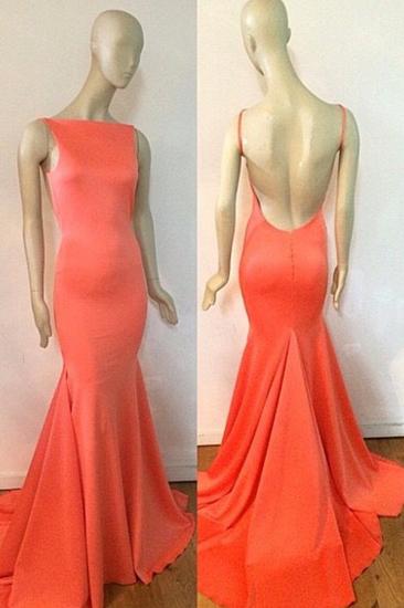 Fishtail Open Back Orange Cheap Evening Dresses with Long Train Sexy Custom Made Prom Dresses