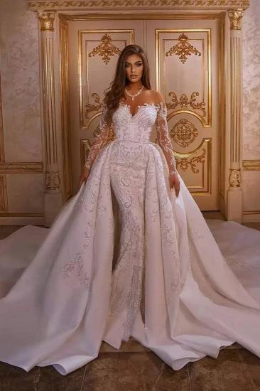 Luxurious Mermaid Glitter Crystals Wedding Dress with Sleeves Long Sweep Train Floral Appliques Bridal Gown_1