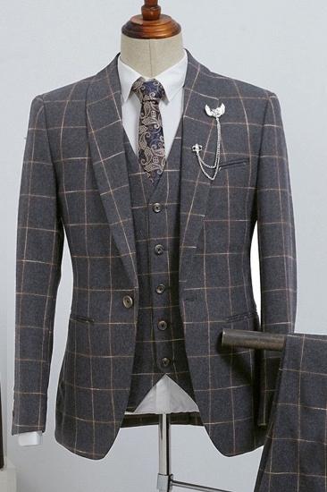 Barlow Stylish Dark Grey Plaid 3 Piece Slim Fit Custom Business Suit_2