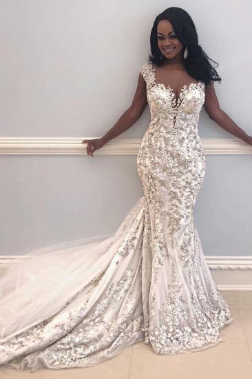 Chaeming Cap Sleeve Mermaid Wedding Gowns | Lace Appliques Slim Bridal Gowns_3