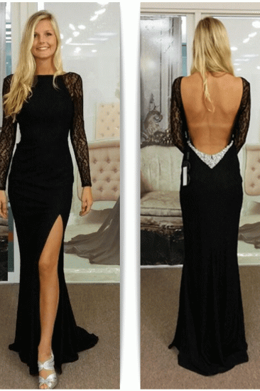 Black Bateau Spandex Evening Dresses Backless Long Sleeves Prom Dresses_3