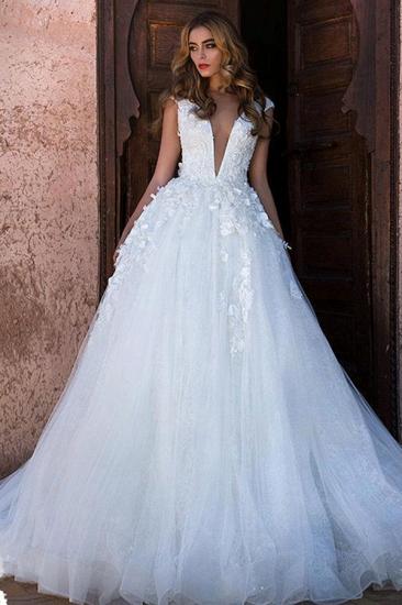 Glamorous V-Neck Cap Sleeves A-line Wedding Dress | Long Lace Appliques Bridal Gowns