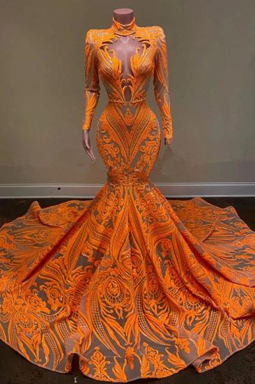Charming Orange Turtleneck Mermaid Ball Gown | Long Sleeve Floor Length Evening Dress_1