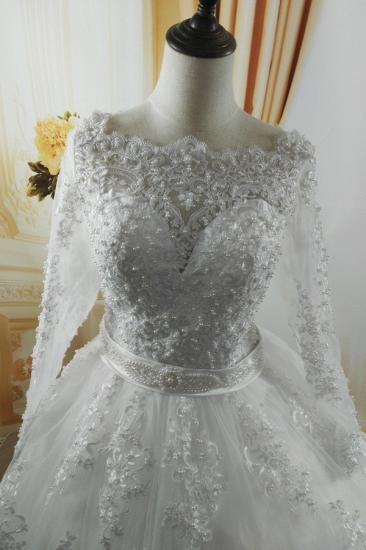 Bradyonlinewholesale Gorgeous Tulle Lace White Wedding Dress Long Sleeves Appliques Bridal Gowns with Pearls_3