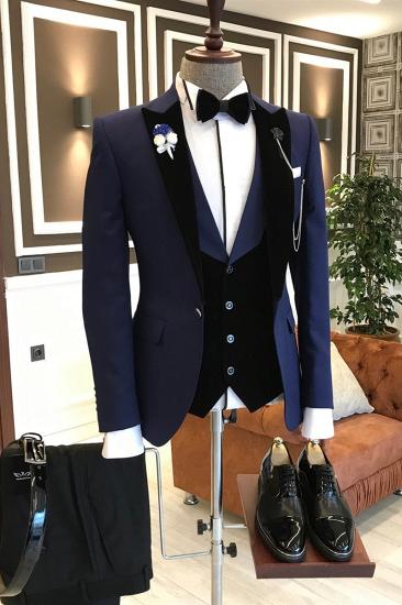 Karter Dark Navy Fashion Point Lapel Mens Suit with Velvet Lapel_2