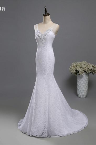 Bradyonlinewholesale Stylish V-Neck White Lace Mermaid Wedding Dress Appliques Sleeveless Sequins Bridal Gowns_3