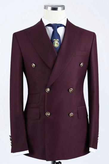 Burgundy double-breasted pointed collar slim-fit men's suit_1