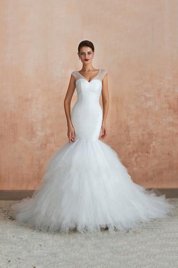 Catherine | Luxury V-neck Cap Sleeve Beach Low back Lace up White Close fitting Bridal Gowns with Sequins_9