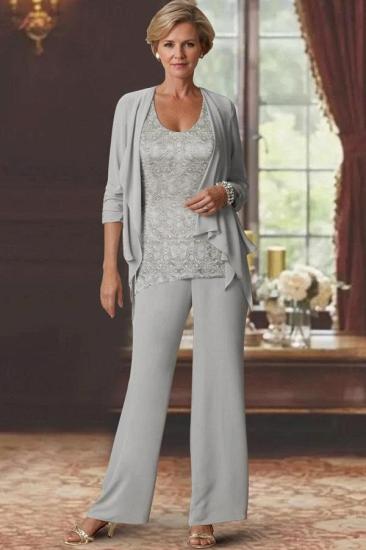 Silver Mother of the Bride Pantsuit Chiffon Mother of the Bride Dresses with Lace