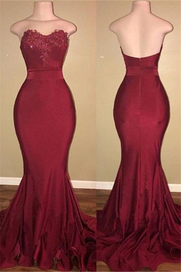 Strapless Burgundy Sexy Burgundy Prom Dress Cheap | Mermaid Long Train Appliques Evening Gown_1