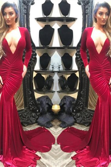 2022 Long Sleeve Sexy V-neck Evening Dress Burgundy Velvet Open Back Prom Dress with Front Slit_2
