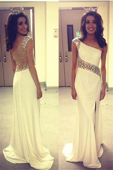 One Shoulder A-Line Elegant Evening Dresses Side Slit Sweep Train Prom Gowns with Beadings_1