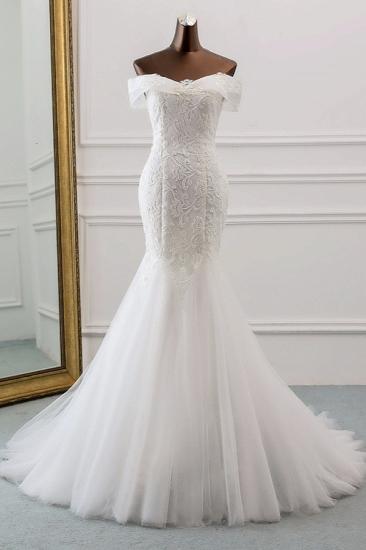 Bradyonlinewholesale Glamorous Tulle Lace Off-the-Shoulder White Mermaid Wedding Dresses Online