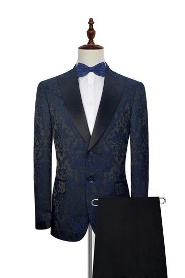 Dark Navy Jacquard Prom Suit |  Black Silk Peak Lapel Mens Wedding Suit