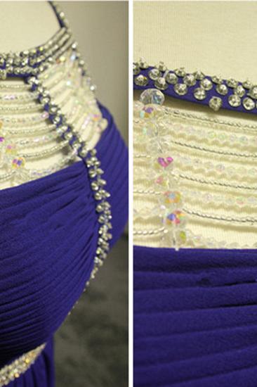 Dark Navy Spaghetti Strap Beading Prom Dresses Crystal Zipper Floor Length Evening Dresses_3