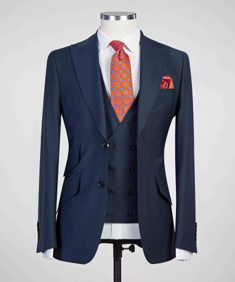 New Arrival Dark Blue Peaked Lapel 3-Pieces Busibess Men Suits_5