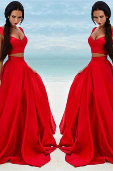Sexy Two Piece Red Formal Dresses Cheap Sleeveless Evening Gown_2