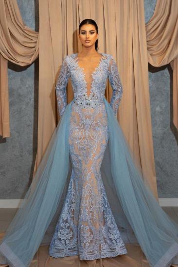 Luxurious Long Blue V-Neck Long Sleeve Lace Evening Dress | Homecoming Dresses Lace With Sleeves