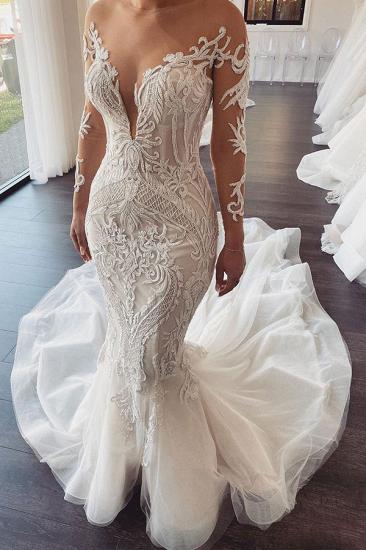 Long Sleeve White Sheer Neck Lace Mermaid Wedding Dress_3