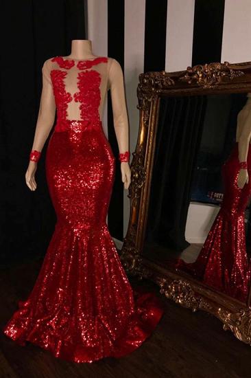 Cheap Red Sequins Prom Dress with Sleeves | Mermaid Sheer Tulle Evening Gowns_2