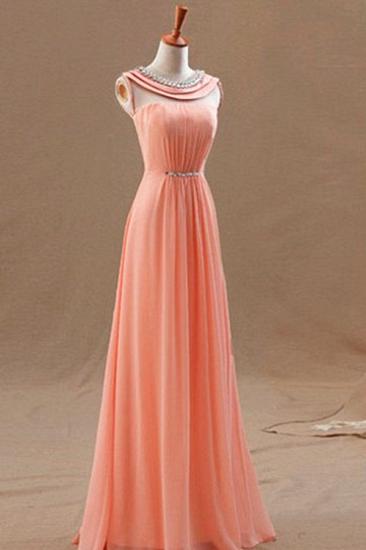 High Neck Long Peach Prom Dresses for Junior with Crystal Collar Sash Chiffon Popular Pretty Evening Gowns