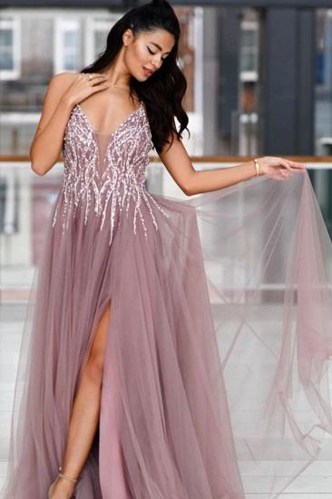 Sparkle Sequined High split Dusty pink Criss-cross Back Prom Dresses_2