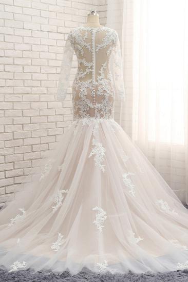 Bradyonlinewholesale Elegant Longsleeves Jewel Mermaid Wedding Dresses Champagne Tulle Bridal Gowns With Appliques On Sale_2