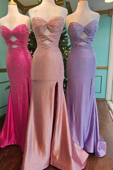 Glitter Sweetheart Lace up Rhinestone Split Front Mermaid Prom Dresses_4