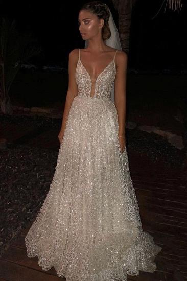Sparkly White Spaghetti-Strap A-Line Sequins Wedding Dress | Shining Long Prom Gowns_2