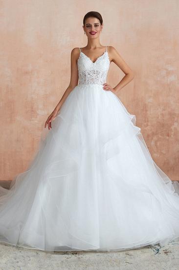 Camille | White Ball Gown Wedding Dress with Chapel Train, Spaghetti Strap See-through Lace up Bridal Gowns for Sale_1