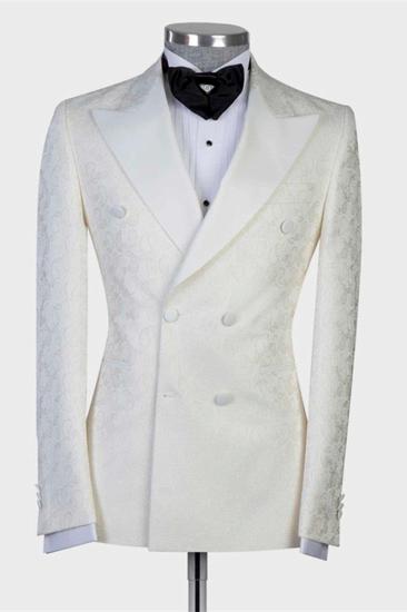 Mekhi White Jacquard Double Breasted Point Lapel Mens Wedding Suit_1