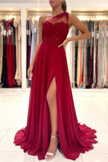 One-shoulder red ball gown with floor-length sleeveless dress and front slit_1