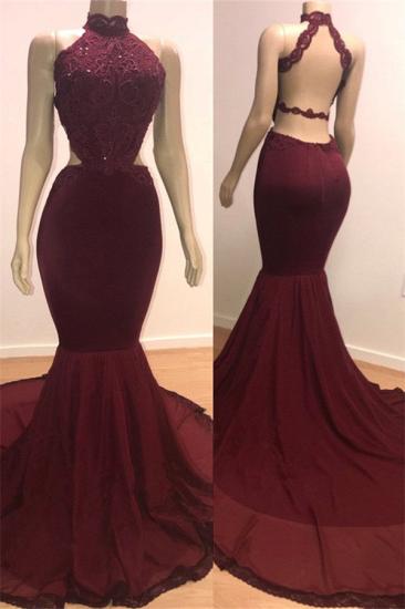 Mermaid Open Back Sexy Burgundy Prom Dresses Cheap | High Neck Lace Evening Gowns_1