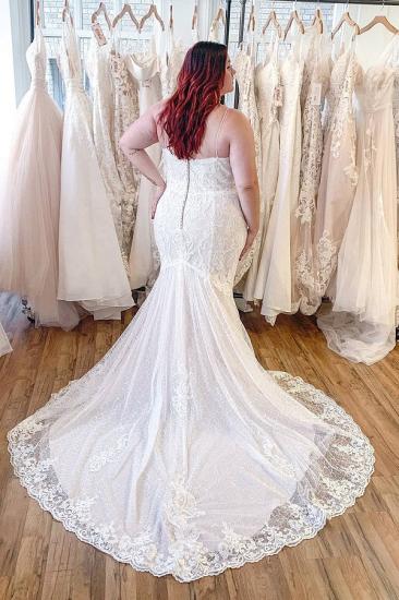 Stunning Appliquéd Lace Spaghetti Straps Long Mermaid Backless Wedding Dress_2