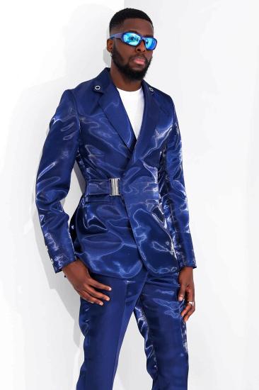 Leisly Shiny Blue Buckle Belt Men's Prom Suit for Fashion_3