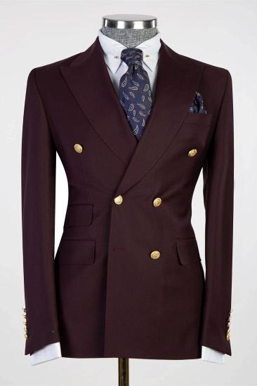 Fashionable pointed lapel burgundy double breasted men's suit_1