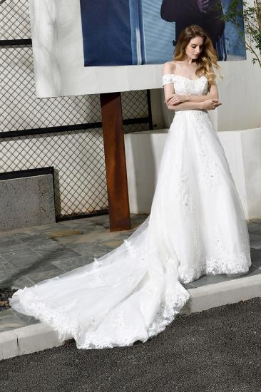 Elegant White Lace Off Shoulder Long Princess Wedding Dress with Beaded Lace Appliques_4