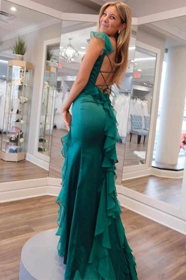 Emerald Green Square Neck Ruffle Slit Prom Dress_4