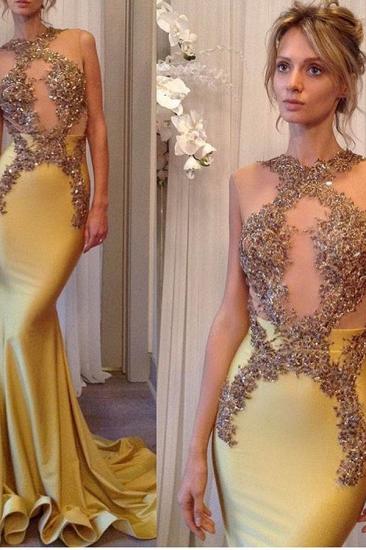 Sexy Mermaid Sleeveless Prom Dresses Appliques Jewel Sweep Train Evening Gowns_2