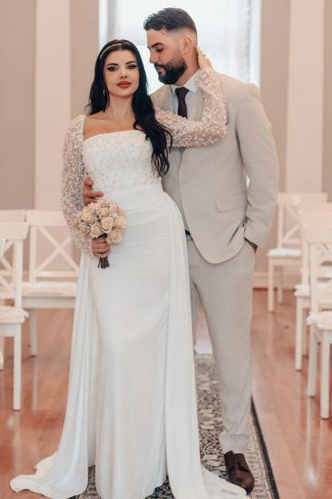 Square Neckline Sequins Long Sleeve Column Wedding Dresses
