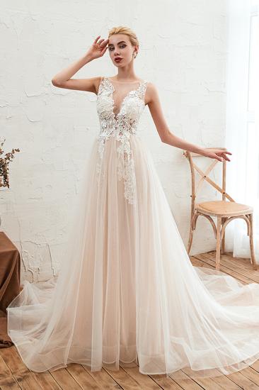 Illsuion neck Champange Wedding Dress with Chapel Train | Sleeveless Summer Bridal Gowns Online_5