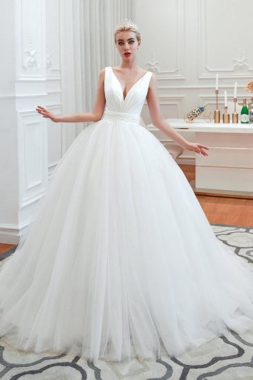 Sexy V-neck sleeveless White Princess Spring Wedding Dress | Elegant Low Back Bridal Gowns with Belt_1