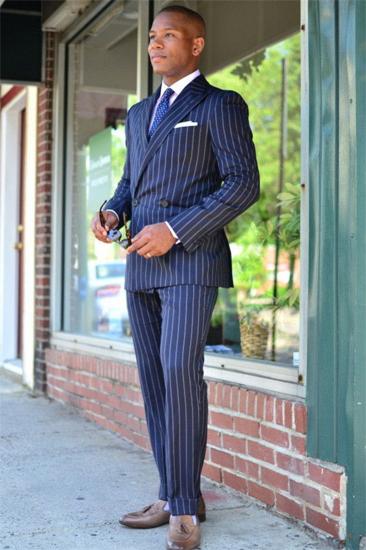 Adam Dark Blue Double Breasted Striped Formal Business Mens Suit