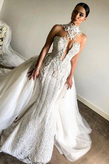 Luxurious High Neck Mermaid Sleeveless Wedding Dress|Lace Appliques Overskirt Bridal Gown_1