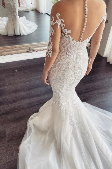 Long Sleeve White Sheer Neck Lace Mermaid Wedding Dress_2