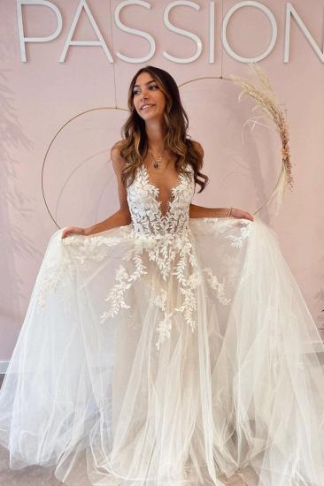 Glamorous V Neck Floral Tulle Wedding Dress Sleeve Aline Bridal Dress