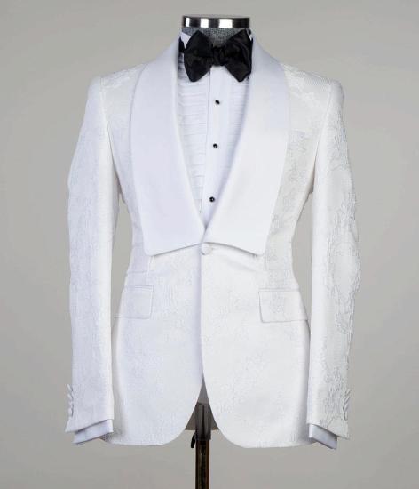 White Jacquard Shawl Lapel Three Piece Men's Wedding Suit_3