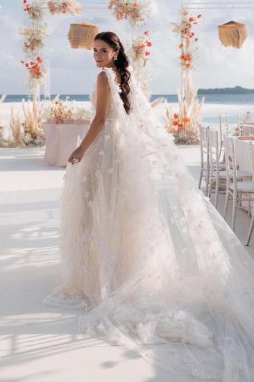 V-neck Appliques Lace A-Line Wedding Dresses with Split_7